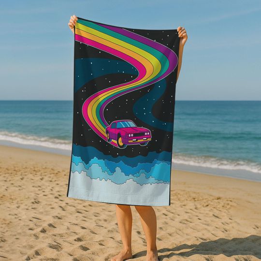 Discover Personalized Car Flying in Sky Beach Towel, Birthday Boy Gift, Holiday Towel