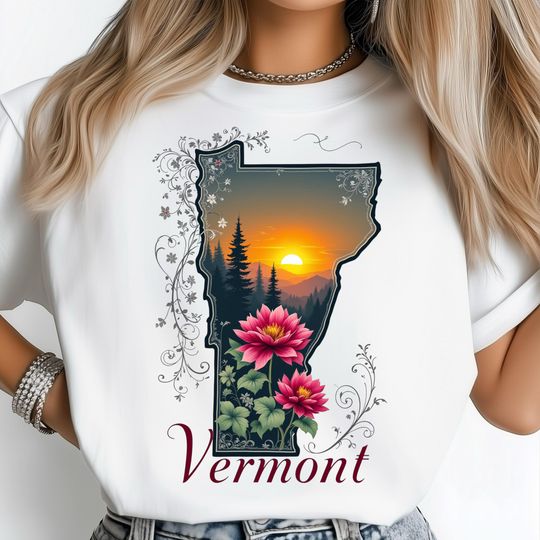 Discover Vermont Sunset PNG, State Pride Nature Design, Mountain Sunrise Horizon Art, Forest Silhouette Scene, Floral Frame Botanical Accent
