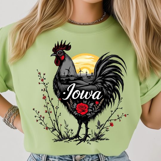 Discover Iowa Rooster PNG, Sunset Farm State Design, Rural Nature Art, Bold Rooster Country Symbol, Windmill Farm Scene, Red Rose Folk Motif Graphic