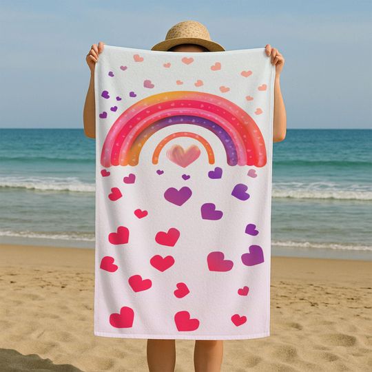 Discover Personalized Rainbow Beach Towel for Kids  Custom Name Towel with Hearts  Cute Colorful Summer Pool Towel Gift for Girls & Boys
