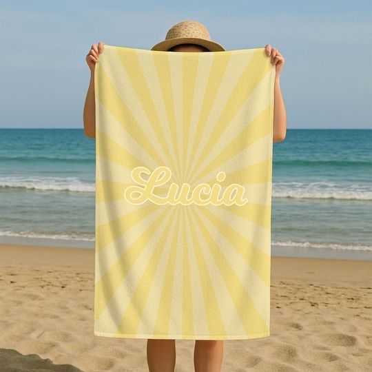Discover Custom Sunshine Beach Towel with Radiating Stripes, Personalized Printed Coastal Pool Towel