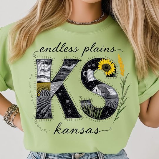 Discover Kansas State PNG, Sunflower Wheat Field Rustic Patchwork Art, Barn and Farmhouse Endless Plains Fabric Stitched State Design