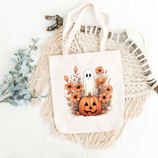 Discover Halloween Ghost Tote Bag, Kawaii Ghost Tote Bag, Custom Tote, Fall Lover, Halloween Tote Bag, Trick Or Treat Bag, Floral Pumpkin,
