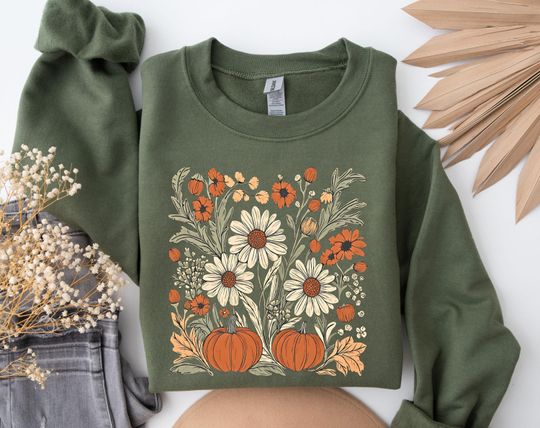 Discover Floral Pumpkin Fall Sweatshirt, Retro Flowers Sweatshirt, Autumn Flowers Sweatshirt, Pumpkin Sweatshirt, Flower Pumpkin