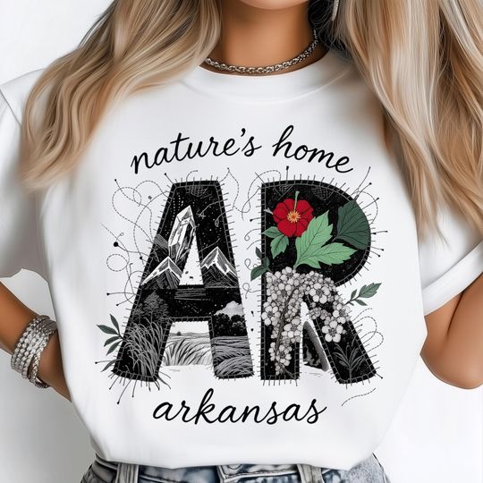 Discover Arkansas Patchwork PNG, State Initials AR with Mountain Landscape, Floral Red Flower Botanical Nature Design, USA State Shirt Design