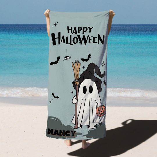Discover Custom Name Beach Towel for Halloween  Ghost, Pumpkin & Bat Design, Perfect for Fall Trips or Haunted Gifts