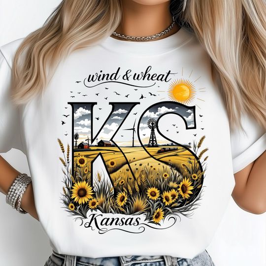 Discover Kansas State  PNG, Sunflower Field Art, Harvest Season Poster, Midwest Farm Design, Scenic State Landscape, USA State Shirt Sublimation