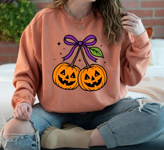Cherry Pumpkin Sweatshirt, Coquette Pumpkin Cherries Sweatshirt, Fall Halloween Sweatshirt, Spooky Season Sweatshirt