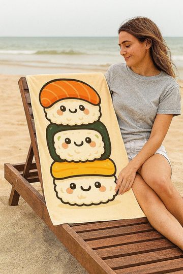 Discover Kawaii Sushi Beach Towel, Nigiri Maki Design, Quick-Dry Microfiber