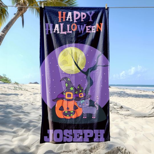 Discover Trick or Treat Beach Towel  Personalized Halloween Towel with Cute Ghosts and Bats, Great Gift Idea