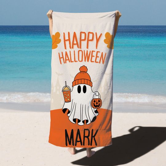 Discover Personalized Halloween Beach Towel  Cute Ghost Design with Name for Kids, Spooky Party or Trick-or-Treat Gift Idea