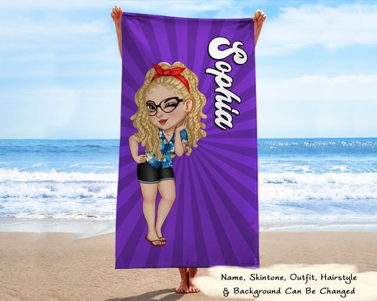 Personalized Cartoon Woman Beach Towel for Travel, Pool, and Picnic