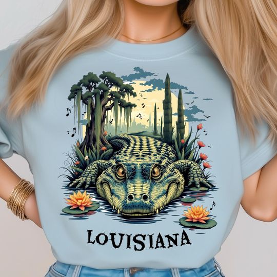 Discover Louisiana PNG, Swamp Gator State Poster, Southern Nature Wildlife Art Print, Bayou Alligator Design, Wetlands Travel Poster