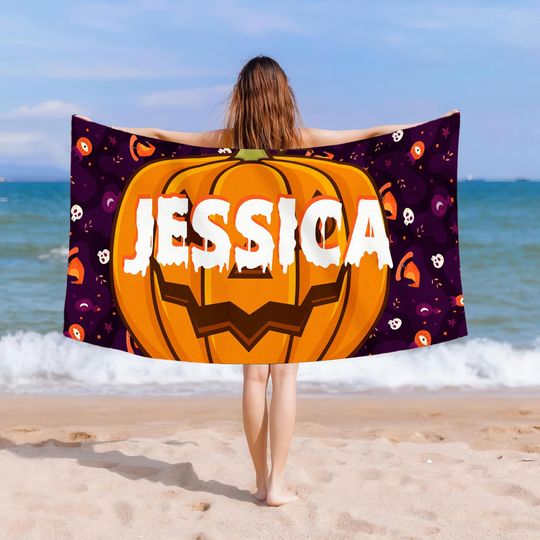 Discover Custom Halloween Beach Towel  Personalized Pumpkin Jack O Lantern Towel, Spooky Summer Pool Towel, Holiday Gift for Kids & Adults