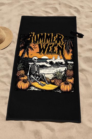 Discover Summerween Beach Towel: Spooky Skeleton, Pumpkin & Pineapple Design