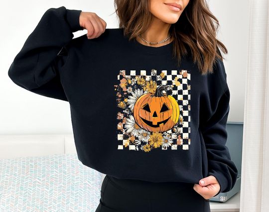 Checkered Floral Pumpkin Sweatshirt, Fall Pumpkin Sweatshirt, Vintage Pumpkin Sweatshirt, Pumpkin Witch Sweatshirt, Autumn Fall Sweatshirt