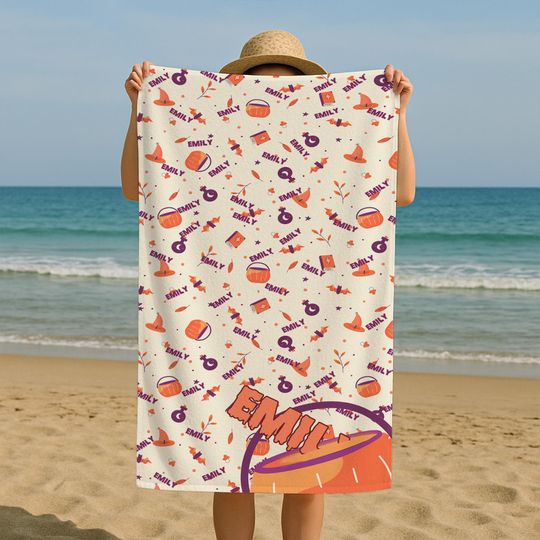 Discover Personalized Halloween Beach Towel  Custom Name Pumpkin Witch Design, Spooky Bath Towel, Halloween Gift for Kids & Adults