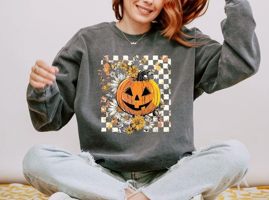 Vintage Pumpkin Sweatshirt, Checkered Floral Pumpkin Sweatshirt, Pumpkin Witch Sweatshirt, Fall Pumpkin Sweatshirt