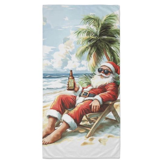 Discover Tropical Santa Christmas Beach Towel with Funny Santa on Vacation | Coastal Holiday Decor