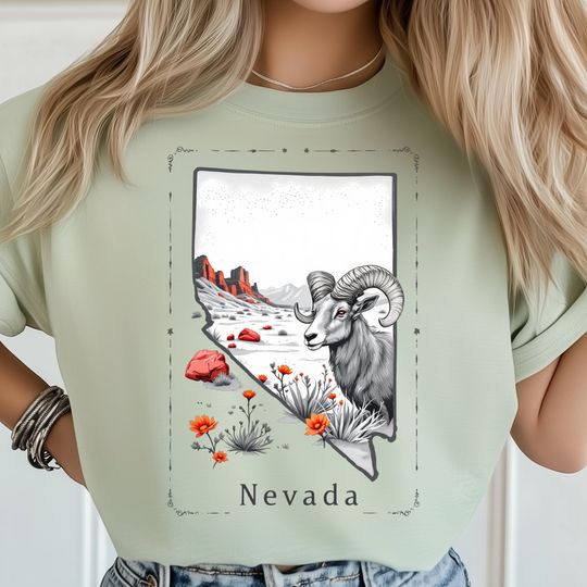 Discover Nevada Art PNG, State Map Featuring Bighorn Ram Red Rock Desert, Wildflower Scene, USA State Poster, Nevada Travel Print, Nature State Art