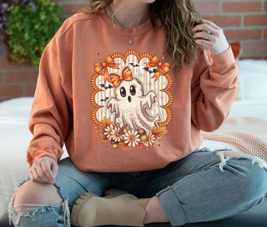 Discover Coquette Bow Ghost Sweatshirt, Fall Halloween Sweatshirt, Spooky Season, Floral Ghost Sweatshirt, Cute Ghost Sweatshirt