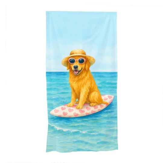 Golden Retriever Beach Towel - Cute Dog on Pink Surfboard