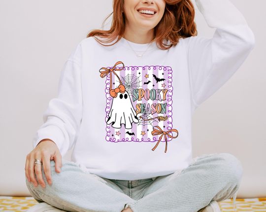 Discover Cute Ghost Sweatshirt, Coquette Spooky Season Sweatshirt, Halloween Gift, Spooky Sweatshirt, Retro Halloween Sweatshirt
