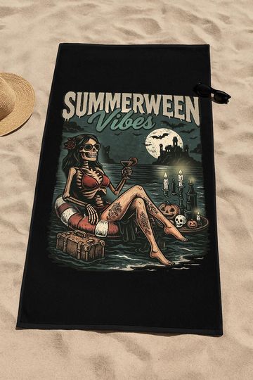 Discover Summerween Beach Towel: Spooky Skeleton Bikini, Gothic Poolside Vibes