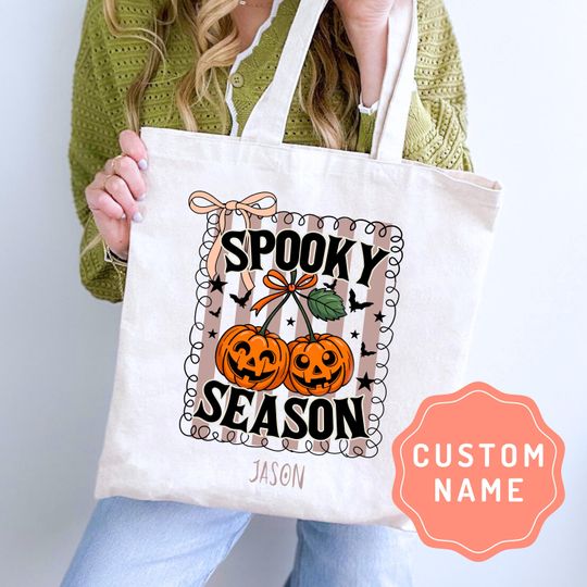 Discover Halloween Tote Bag Spooky Season Pumpkin Bow Tote Bag, Kid Halloween Trick or Treat Bag Spooky Pumpkin Coquette Bow Candy Goodie Bag Teacher