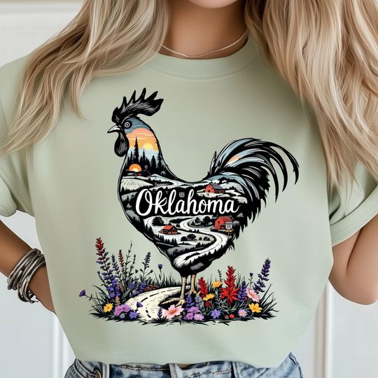Discover Oklahoma State  PNG, Rooster Sunrise Farm Art, Nature Poster, Rustic State Landscape Print, Country Png, USA State Shirt Sublimation