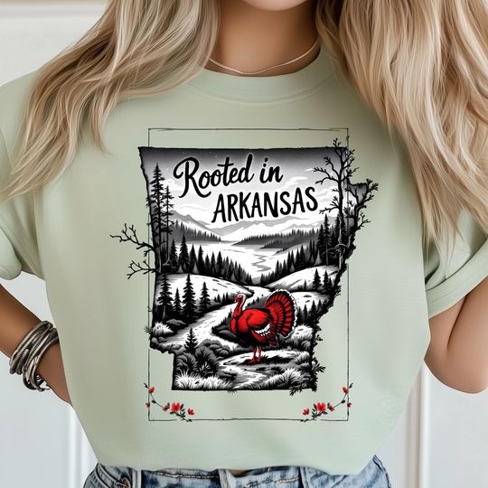 Discover Rooted in Arkansas State  PNG, Scenic Pine Forest and Wild Turkey Art, Arkansas Map PNG, Rustic Nature Scene, USA State Shirt Sublimation