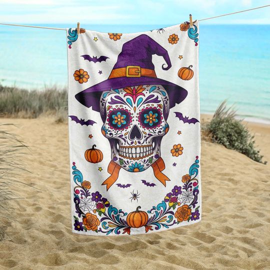 Discover Sugar Skull Witch Beach Towel  Day of the Dead Halloween Skull Design