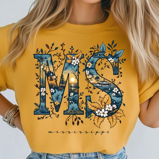 Discover Mississippi State PNG, Sunset River Vintage Art, Floral Letters Southern Pride Design, State Poster Print, USA State Shirt Design