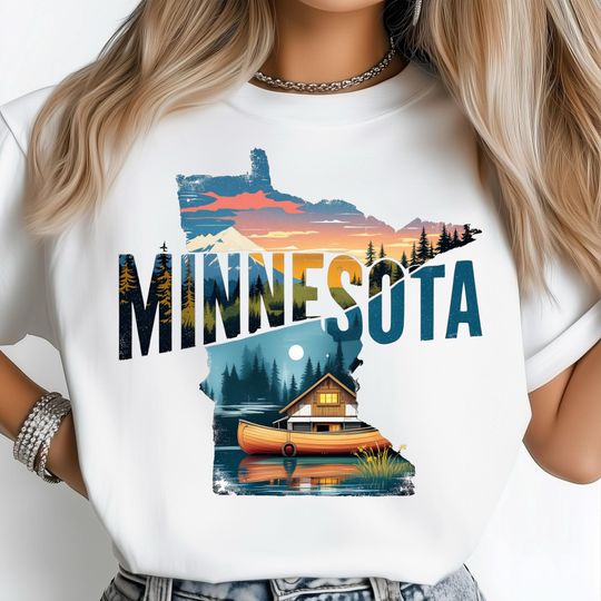 Discover Minnesota State Map PNG, Forest Cabin Shirt, Canoe Nature Scene, Sublimation Map Print, Outdoor Gift Art, Travel Poster