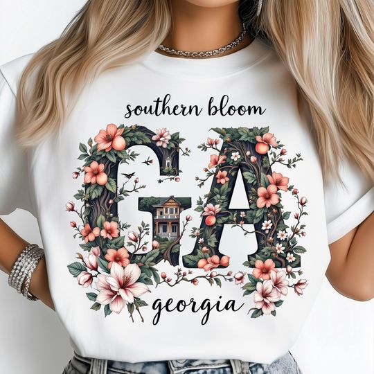 Discover Georgia State T-Shirt, Southern Bloom Floral Letters, Atlanta Cityscape Art