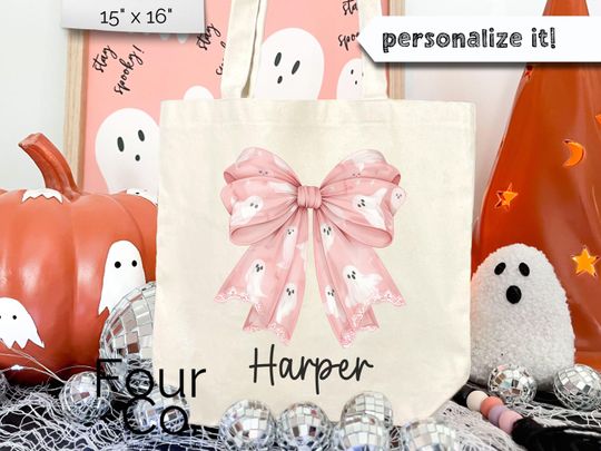 Discover Trick or Treat Bag, Coquette Bow Halloween Tote, Ghost Bow Candy Bag