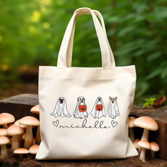 Discover Personalized Halloween Ghost Dogs Custom Name Tote Bag, Custom Gift for Candy Bag, Customizable Name Ghost Dog Lover Bag,Bulk Halloween Gift