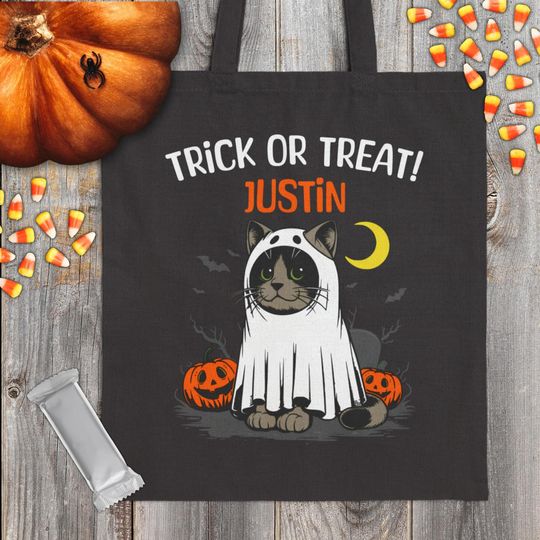 Discover Personalized Halloween Tote Bag, Trick-or Treat Bag Kids, Cute Black Cat, Halloween Candy Bag, Halloween Candy Sack, Halloween Treat Bag