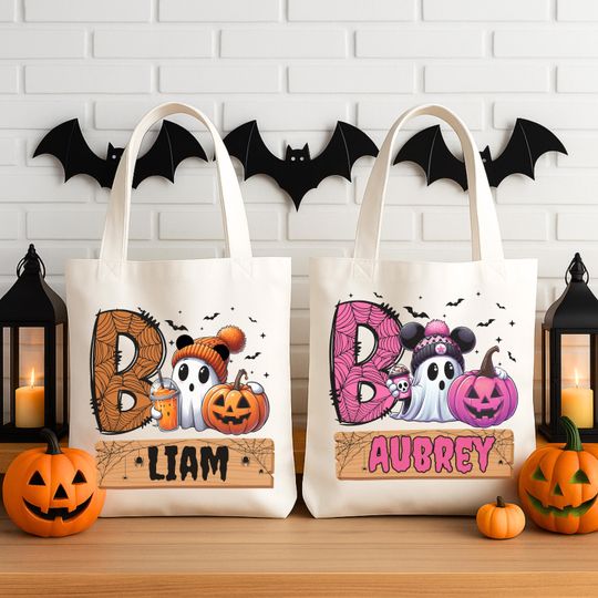 Discover Personalized Halloween Trick or Treat Tote Bags, Custom Name Boo Bag, Mouse Ears Ghost, Kids Halloween Bag, Reusable Tote, Halloween Basket