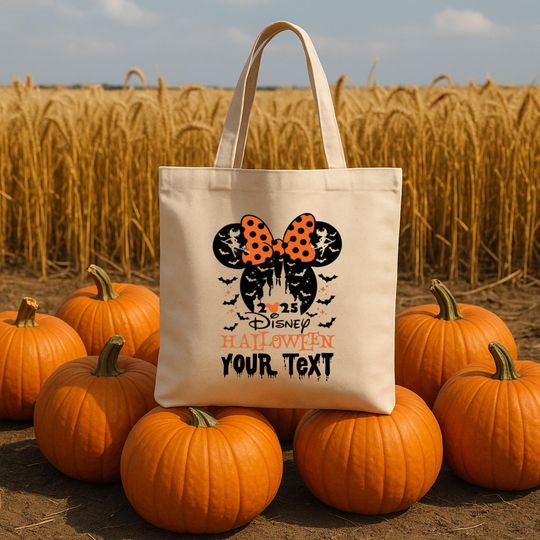 Personalized Disney Halloween Tote Bag  Custom Trick or Treat Bag with Castle and Bats, Spooky Pumpkin Patch Mickey Mouse Design