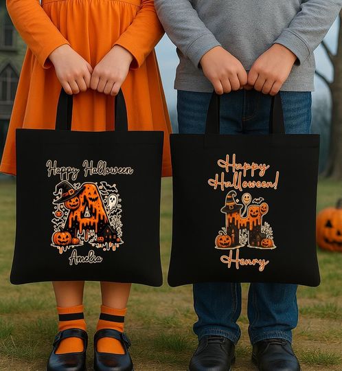 Discover Personalized Halloween Custom Name Tote Bag, Trick or Treat Bag, Kids Candy Sack, Halloween Tote, Candy Bag, Boys Girls Halloween Gift