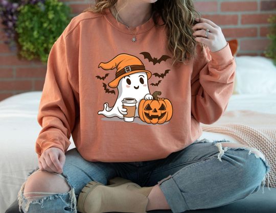 Discover Cute Ghost Sweatshirt, Halloween Ghost Coffee Sweatshirt, Fall Sweatshirt, Ghost Sweatshirt, Halloween Gift
