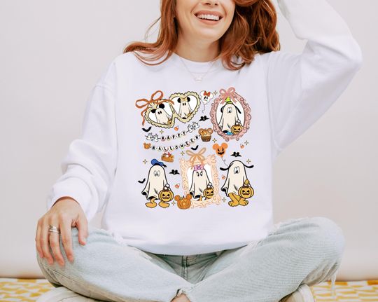 Discover Disney Ghost Sweatshirt, Retro Coquette Bow Mickey And Friends Disney Halloween Sweatshirt, Disneyland Mickey & Friends Sweatshirt