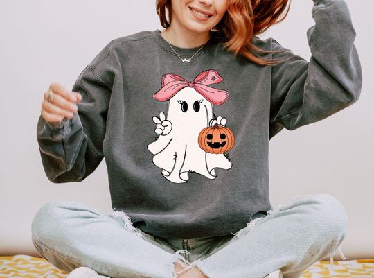Discover Cute Ghost Sweatshirt, Coquette Bow Ghost Sweatshirt, Halloween Ghost Sweatshirt, Spooky Season, Halloween Sweatshirt