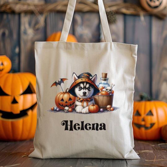 Personalized Husky Trick or Treat Bag, Custom Halloween Bag, Halloween Tote, Kids Halloween Bag with Name, Custom Trick-or-Treat Bags, Dogs