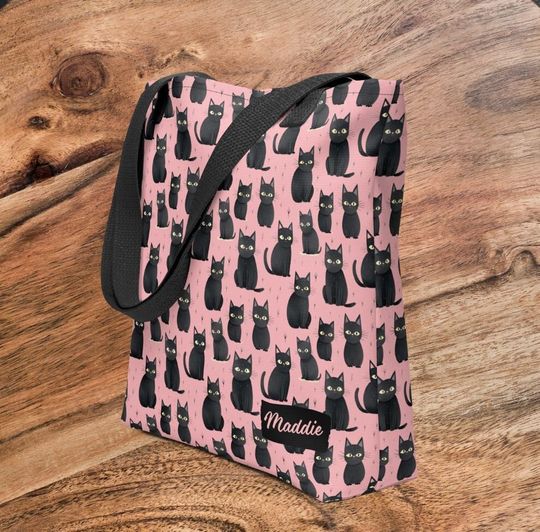 Discover Pink Black Cat Tote Bag Personalized Pattern Design Cat Lover Back To School Bag Girl Gift Birthday Gift Cat Mom Dad Gift Halloween Bag Gift