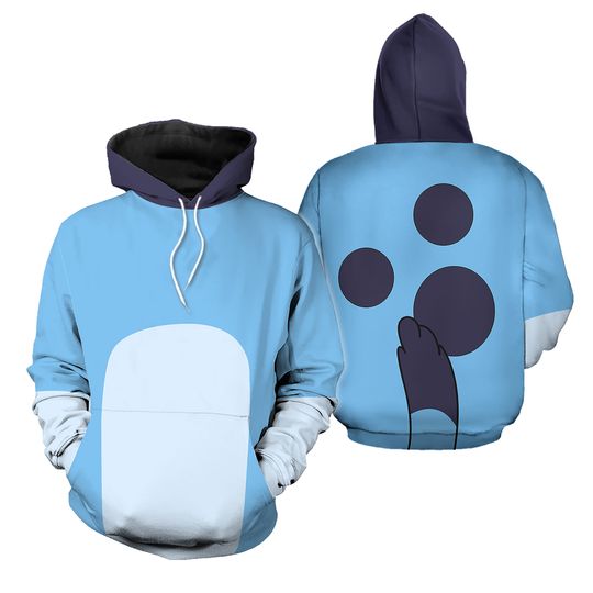 Blue Costume Hoodie, Light Blue Cartoon Dog Hoodie, Funny Blue Family Look Hoodie, Aussie Dog Inspired Hoodie