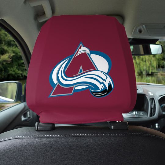Colorado Avalanche themed custom car headrest cover for a fan