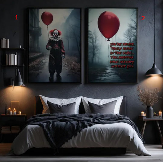 Creepy Clown & Red Balloon Poster Set: Halloween Printable, Gothic Halloween Decor