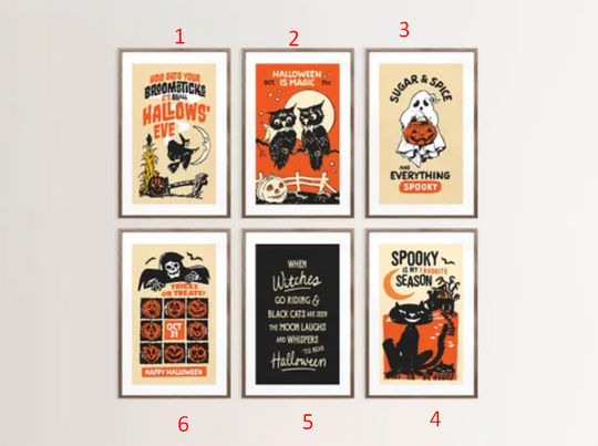 Fun Halloween Prints Retro Holiday Art Festive Poster Set of 6 Seasonal Wall Prints Kitchen Wall Decor Gift for Home